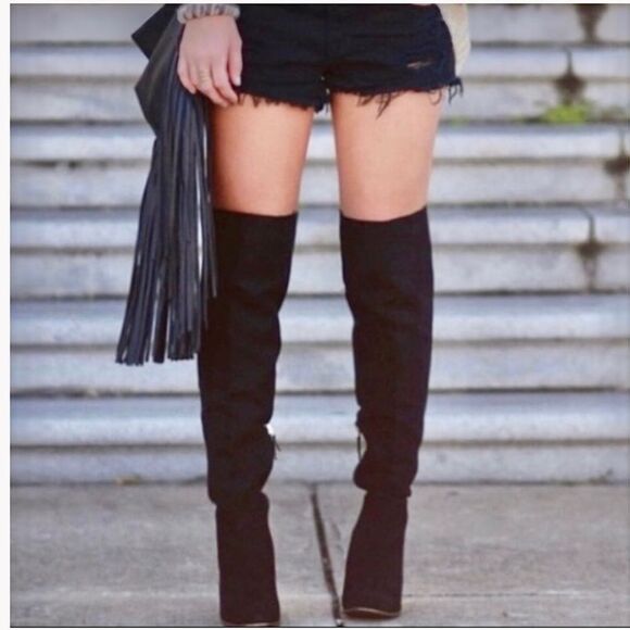 Steve Madden Tyga Suede Leather Black Over the Knee Boots 1.75” Block Heel Sz. 8 - Picture 2 of 16